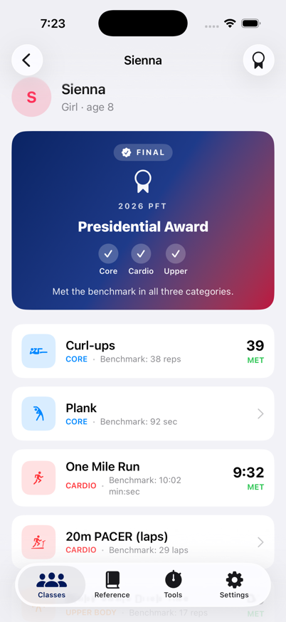 iPhone showing a student's Presidential Award profile in the PFT app, with all six events scored as Met
