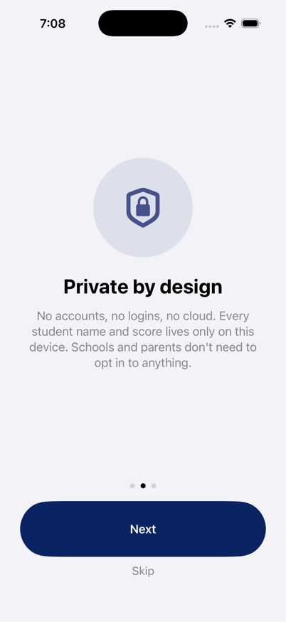 iPhone showing the PFT onboarding screen titled Private by design, listing on-device storage and no leaderboards